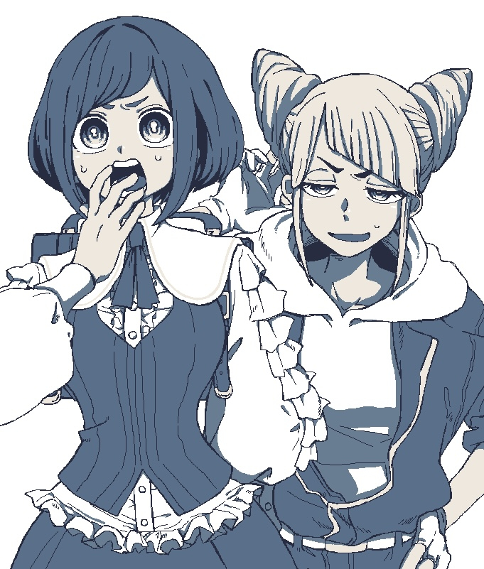 2girls, backpack, bag, belt, blue_hair, blue_theme, bonnou_(kisikaisei), collared_shirt