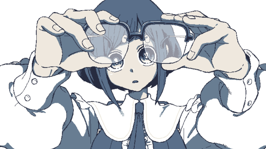 1girl, :o, blue_eyes, blue_hair, blue_theme, bonnou_(kisikaisei), collared_shirt, commentary_request