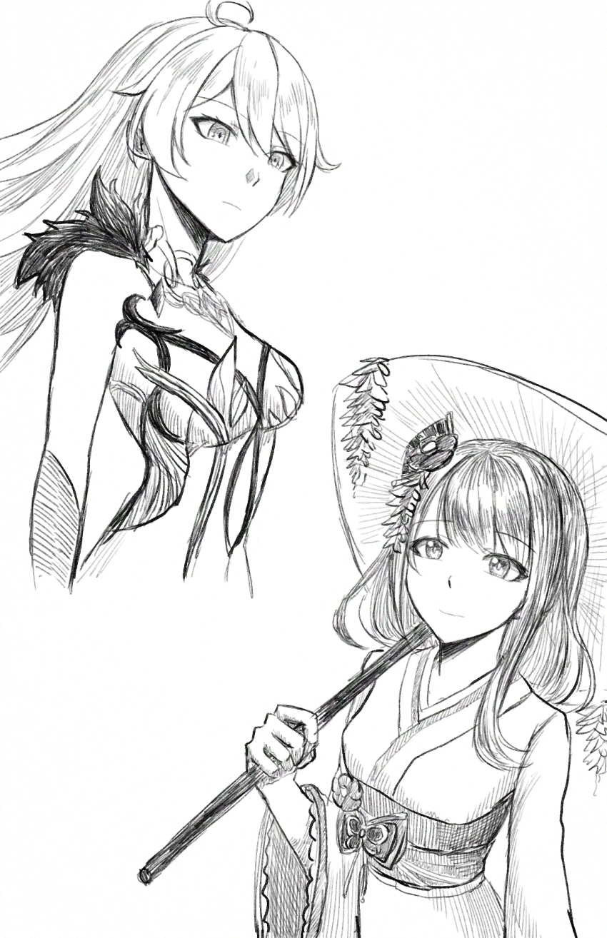 2girls, ahoge, asmoday_(genshin_impact), commentary, english_commentary, fur_collar, genshin_impact, greyscale