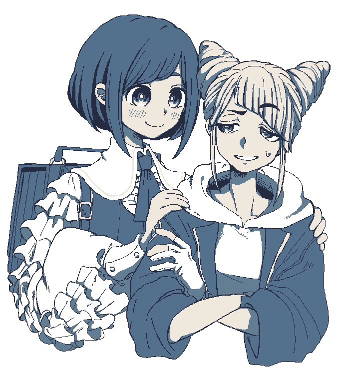 2girls, backpack, bag, blue_hair, blue_theme, bonnou_(kisikaisei), closed_mouth, collared_shirt