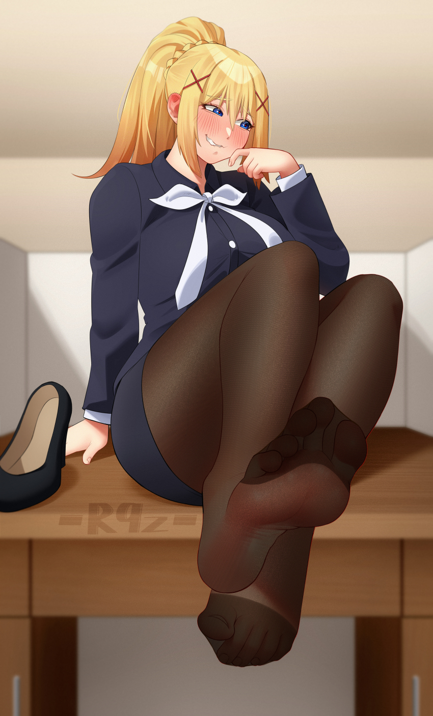 1girl, absurdres, averting_eyes, biting_own_lip, blonde_hair, blue_eyes, blush, darkness_(konosuba)