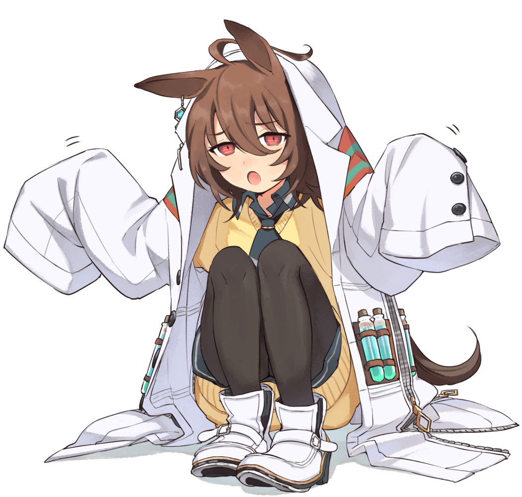 1girl, agnes_tachyon_(tach-nology)_(umamusume), agnes_tachyon_(umamusume), ahoge, animal_ears, black_pantyhose, brown_hair, coat, coat_on_head, commentary_request, ear_ornament, hair_between_eyes, horse_ears, horse_girl, horse_tail, lab_coat, long_sleeves, looking_at_viewer, nichaku, open_mouth, pantyhose, red_eyes, shoes, simple_background, sitting, sleeves_past_fingers, sleeves_past_wrists, solo, sweater, tail, umamusume, white_background, white_coat, yellow_sweater
