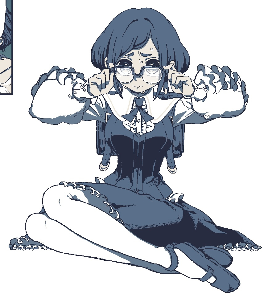 1girl, blue_hair, blue_theme, bonnou_(kisikaisei), breasts, center_frills, collared_shirt, commentary_request