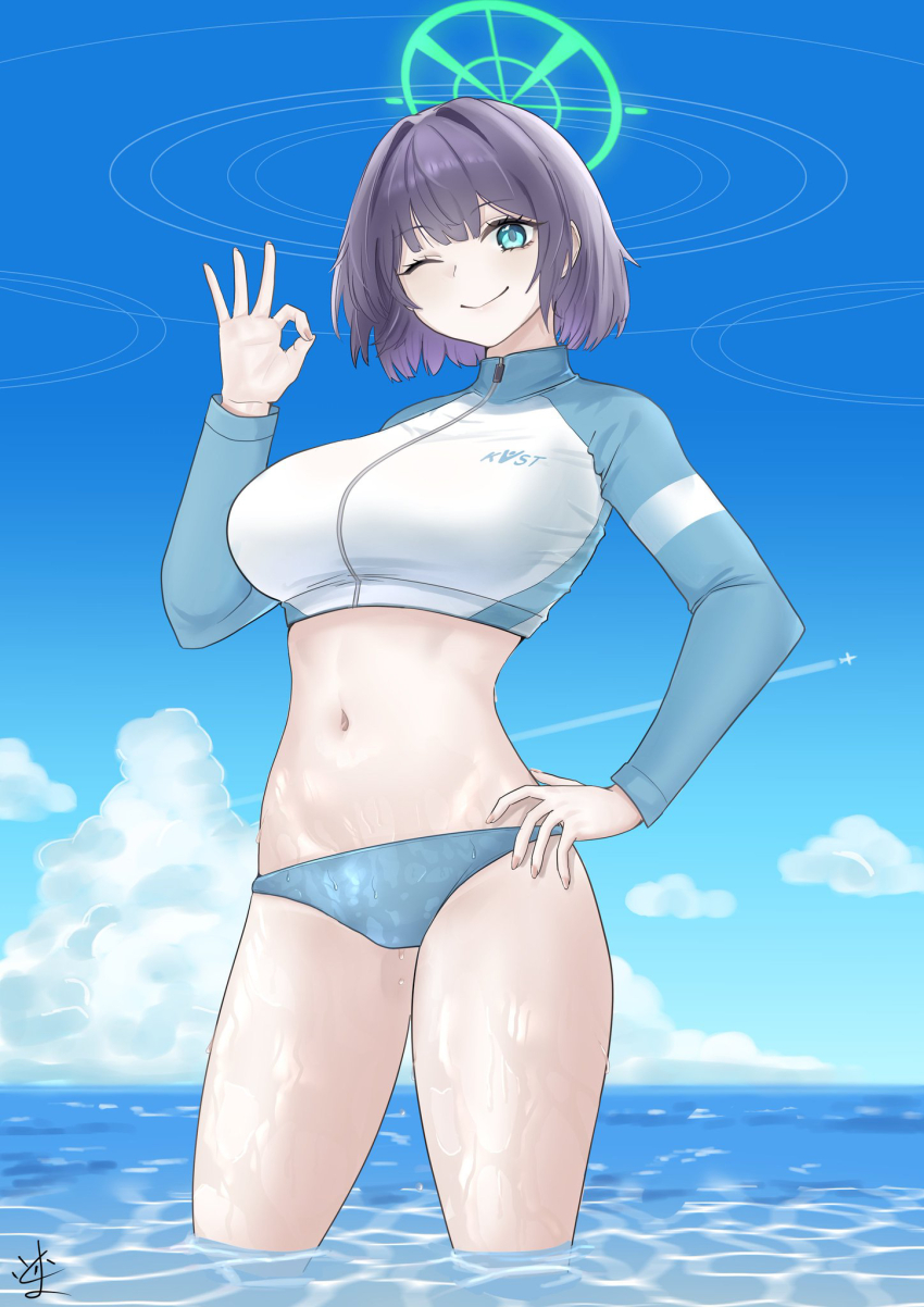 1girl, ;), bikini, bikini_bottom_only, black_hair, blue_archive, blue_bikini, blue_eyes, blue_sky, blue_sleeves, breasts, closed_mouth, cloud, commentary_request, day, green_halo, hair_between_eyes, halo, hand_on_own_hip, highres, jacket, large_breasts, long_sleeves, looking_at_viewer, midriff, multicolored_jacket, navel, ocean, official_alternate_costume, ok_sign, one_eye_closed, outdoors, raglan_sleeves, rash_guard, saki_(blue_archive), saki_(swimsuit)_(blue_archive), short_hair, sidelocks, signature, sky, smile, solo, standing, swimsuit, tonakai-san_(107569oekaki), two-tone_jacket, wading, wet, white_jacket