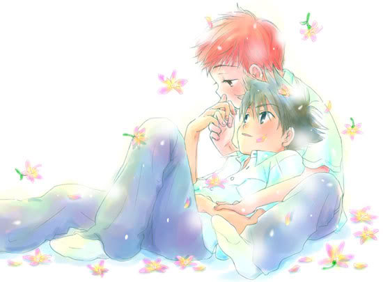 00s, 2boys, blossoms, digimon, digimon_adventure_02, izumi_koshiro, male_focus, multiple_boys