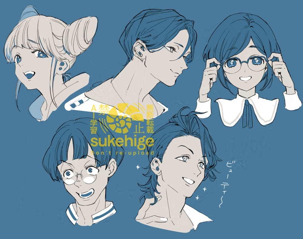 2girls, 3boys, blue_background, blue_eyes, blue_hair, blue_theme, closed_mouth, collared_shirt