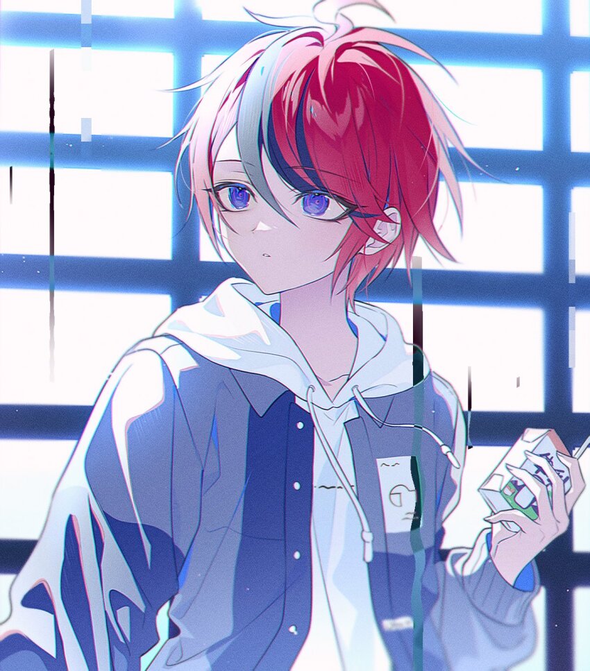 4ro_1011, black_hair, commentary, drink_carton, eyelashes, glitch, hair_between_eyes, highres