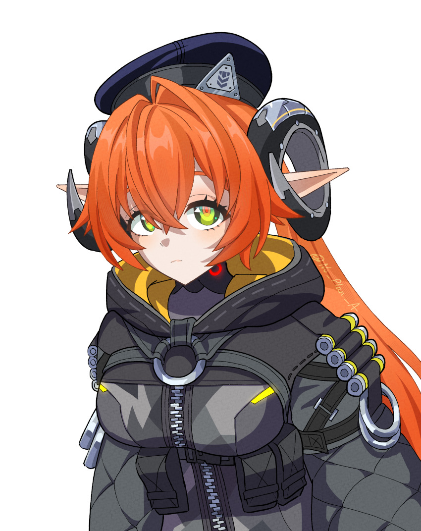 1girl, absurdres, beret, black_hat, breasts, commentary_request, dragon_horns, expressionless