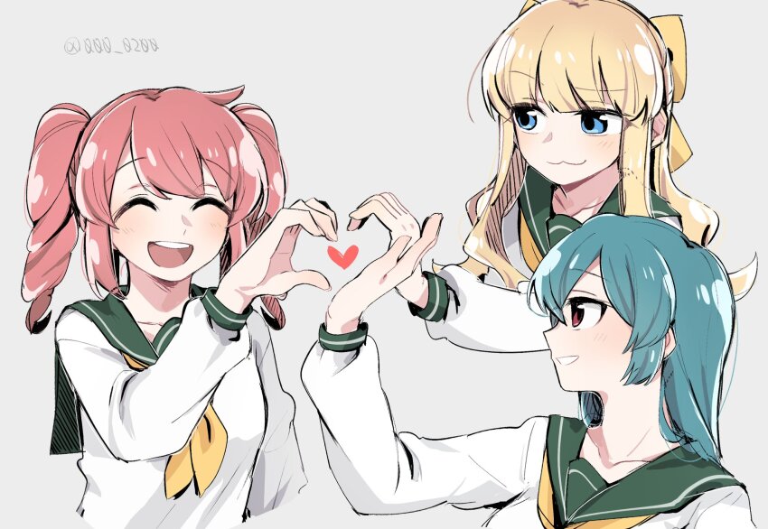 3girls, an_sin, blonde_hair, bow, closed_eyes, drill_hair, green_hair, green_sailor_collar