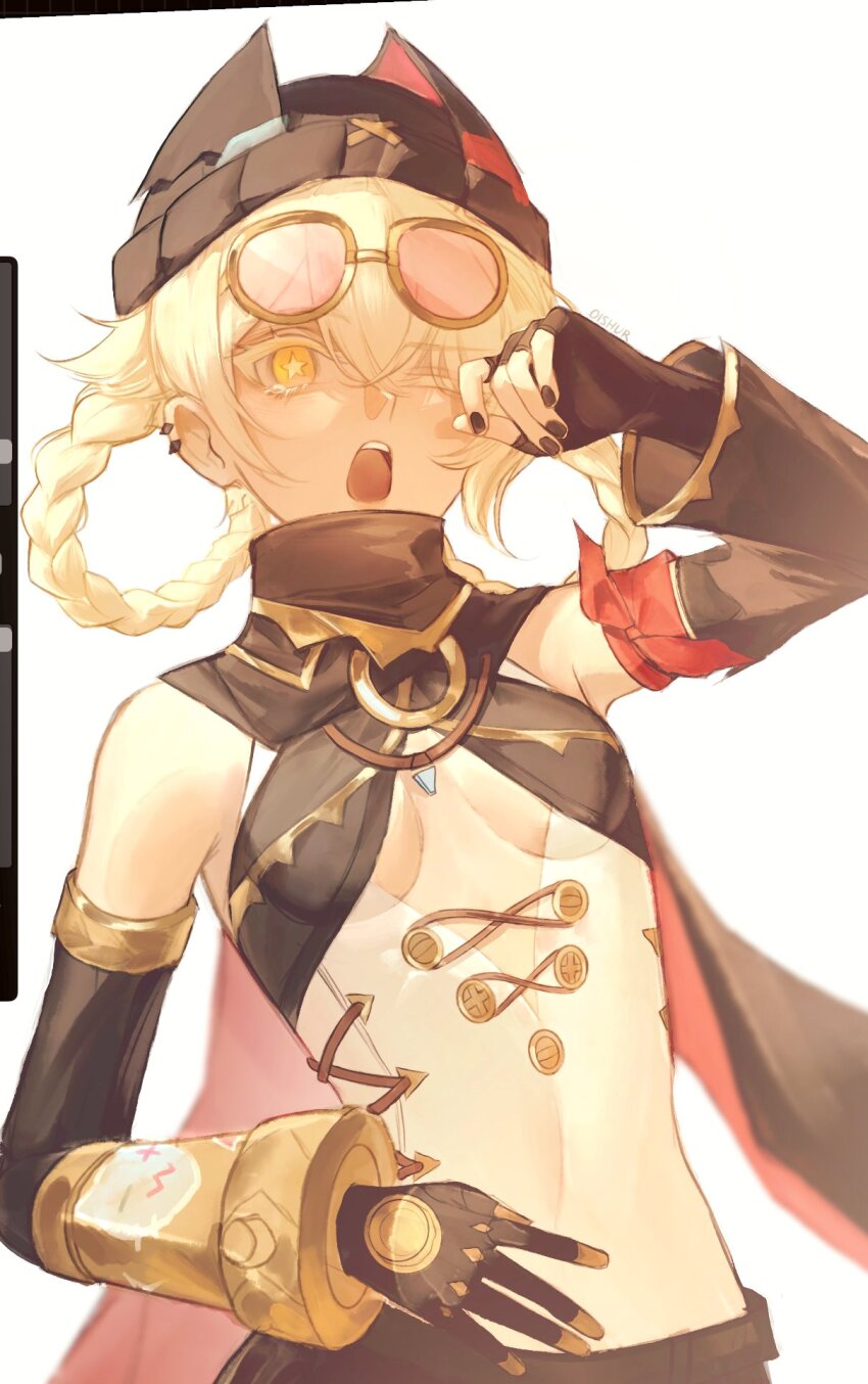 0ishur, 1girl, animal_ear_headwear, black_gloves, black_hat, black_nails, blonde_hair, bracelet, braid, braided_hair_rings, breasts, cleavage, cleavage_cutout, clothing_cutout, colored_eyelashes, cross-laced_clothes, detached_sleeves, ear_piercing, fake_animal_ears, fingerless_gloves, genshin_impact, gloves, goggles, goggles_on_head, gold_bracelet, hair_between_eyes, hair_rings, hand_over_eye, hashtag-only_commentary, hat, highres, jahoda_(genshin_impact), jewelry, looking_at_viewer, open_mouth, piercing, pink-tinted_eyewear, rubbing_eyes, sideboob, simple_background, small_breasts, solo, star-shaped_pupils, star_(symbol), symbol-shaped_pupils, teeth, tinted_eyewear, underboob, upper_teeth_only, white_background, yawning, yellow_eyes