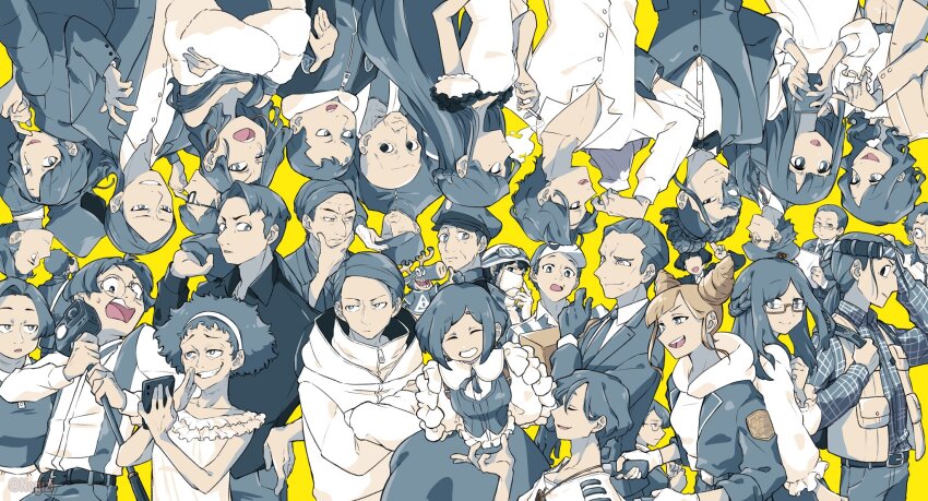 6+boys, 6+girls, absolutely_everyone, aika_(toshi_densetsu_kaitai_center), bald, blue_eyes, blue_hair, braid