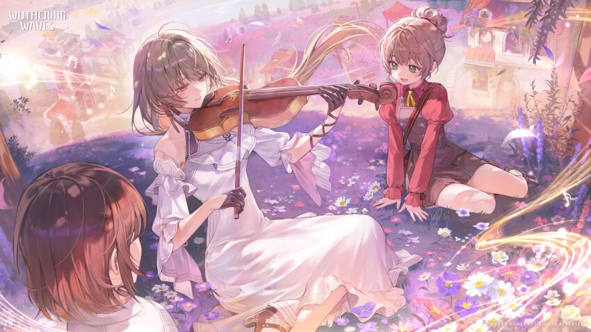 3girls, absurdres, bare_shoulders, black_gloves, brown_hair, closed_mouth, commentary, dress