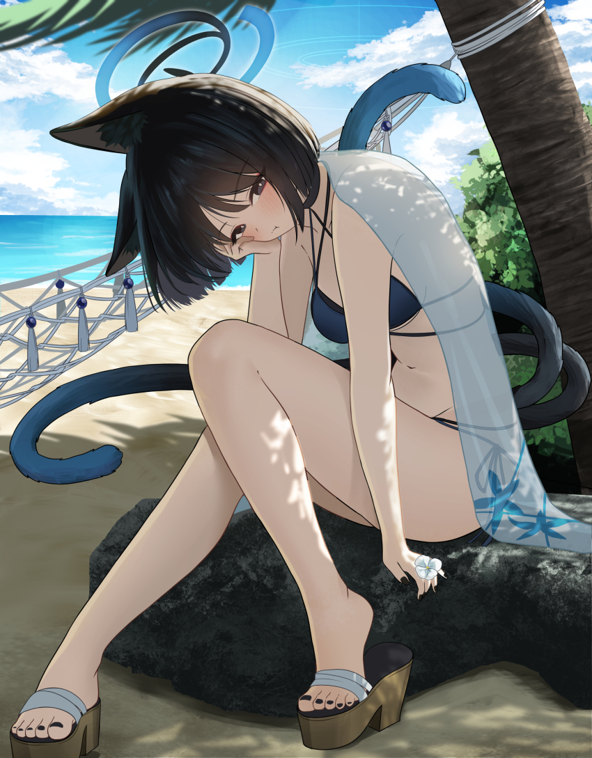 1girl, :t, absurdres, animal_ear_fluff, animal_ears, bikini, black_hair, black_nails
