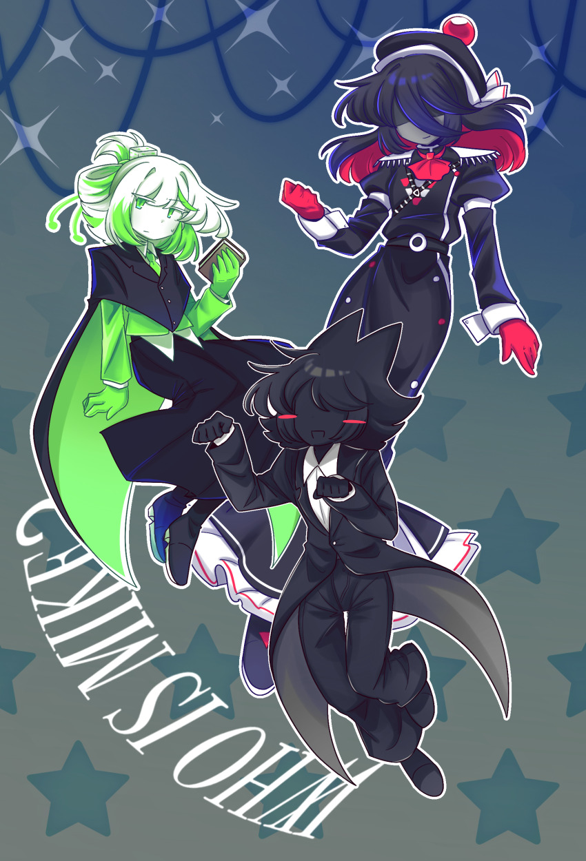 3girls, :3, absurdres, animal_ears, arm_up, ascot, backwards_text, belt