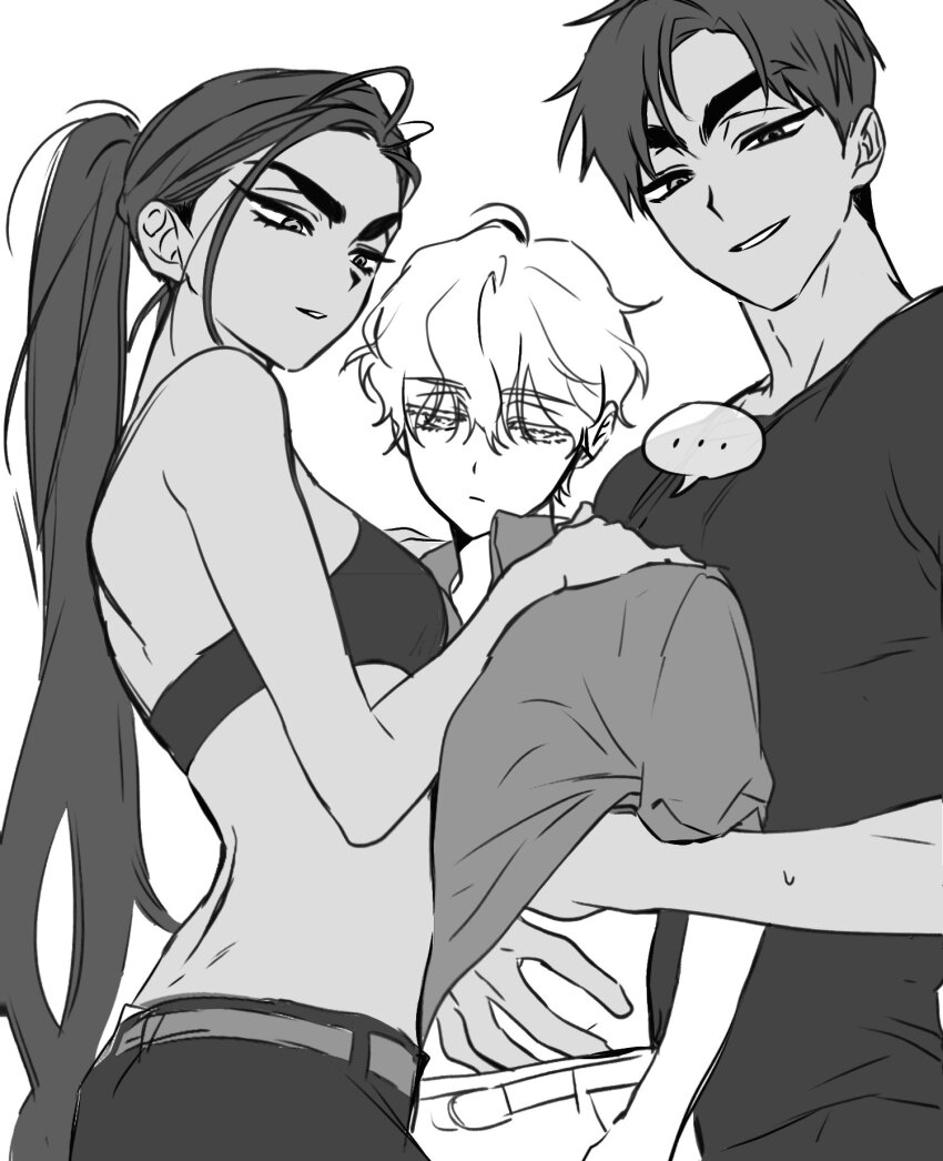 ..., 1girl, 2boys, alien_stage, bisexual_male, boy_and_girl_sandwich, bra, brother_and_sister, brother_and_sister_threesome, commentary, greyscale, half-closed_eyes, hand_on_another's_shoulder, hand_under_clothes, hand_under_shirt, highres, hyuna_(alien_stage), hyunwoo_(alien_stage), long_hair, lubya, luka_(alien_stage), monochrome, multiple_boys, ponytail, sandwiched, shirt, short_hair, smile, spoken_ellipsis, thick_eyebrows, underwear, very_long_hair, very_short_hair
