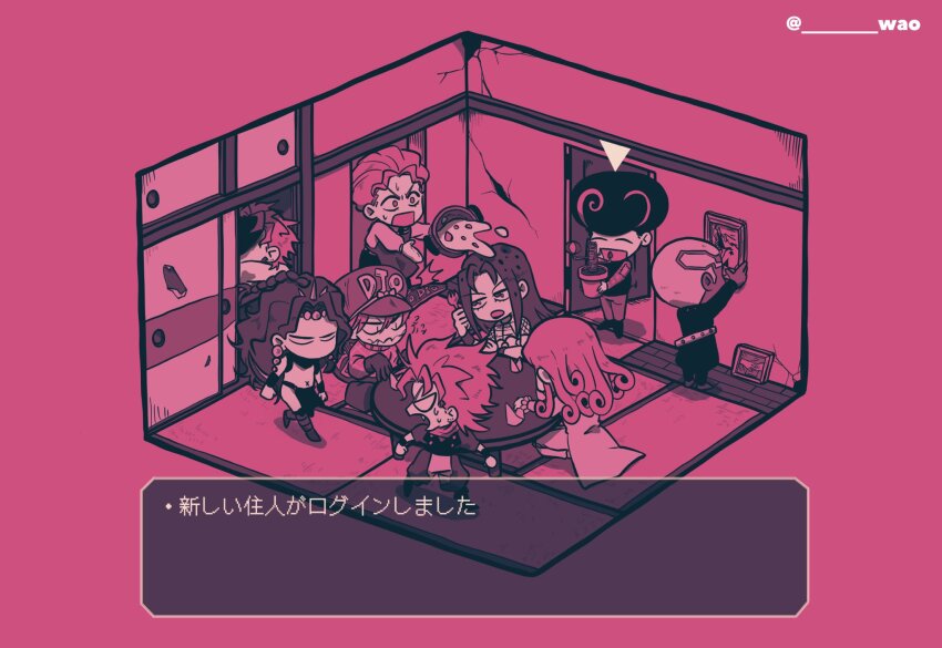 6+boys, afro, angry, battle_tendency, belt, birthmark, bow, chibi