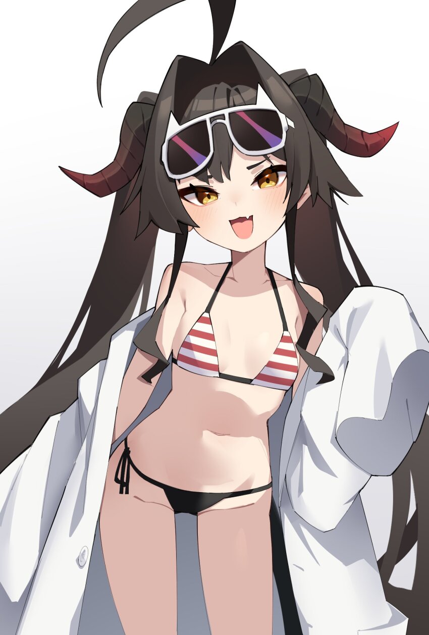 1girl, :d, ahoge, bikini, black_hair, blue_archive, eyewear_on_head, goat_king