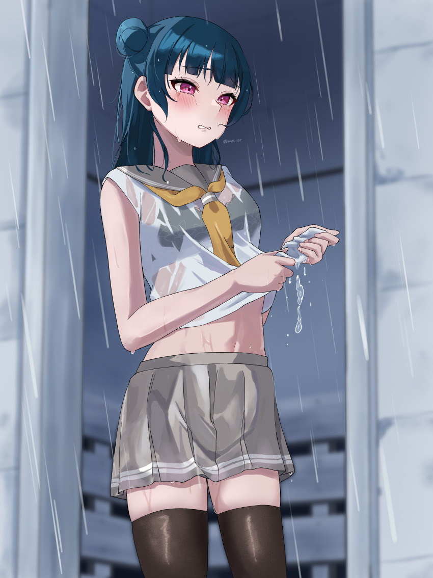 1girl, absurdres, amano_lier, black_bra, black_thighhighs, blue_hair, blunt_bangs, bra, bra_visible_through_clothes, breasts, commentary_request, cowboy_shot, grey_skirt, hair_bun, highres, love_live!, love_live!_sunshine!!, midriff, miniskirt, navel, parted_lips, peanut_mouth, pink_eyes, pleated_skirt, rain, school_uniform, shirt, single_side_bun, skirt, sleeveless, sleeveless_shirt, small_breasts, solo, thighhighs, tsushima_yoshiko, twitter_username, underwear, uranohoshi_school_uniform, wet, wet_clothes, wet_shirt, wringing_clothes, zettai_ryouiki