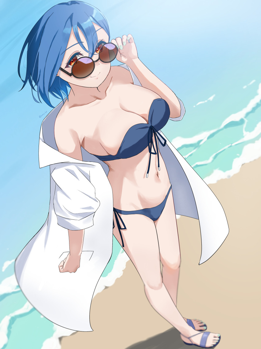 1girl, absurdres, amano_lier, bare_shoulders, beach, bikini, blue_bikini, blue_hair