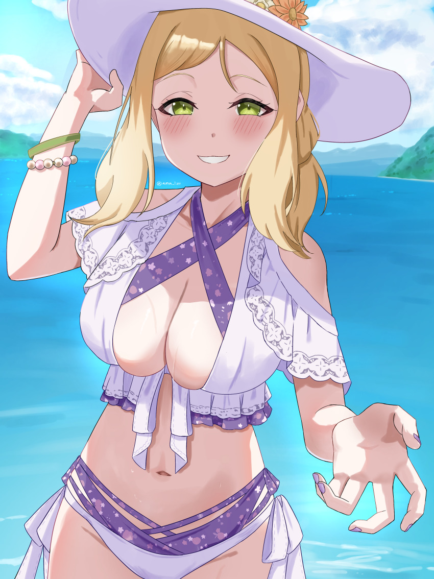 1girl, absurdres, amano_lier, beach, bikini, blonde_hair, bracelet, breasts