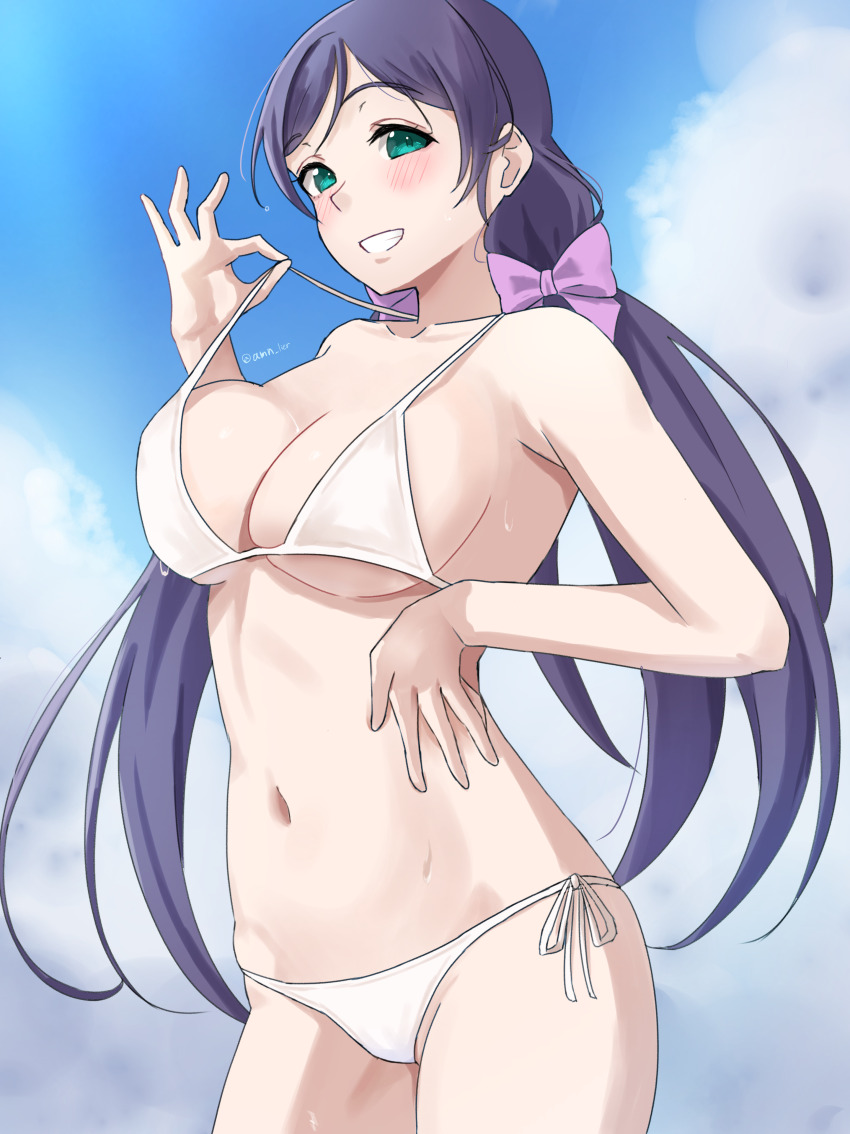 1girl, absurdres, amano_lier, aqua_eyes, bikini, blue_sky, blush, bow