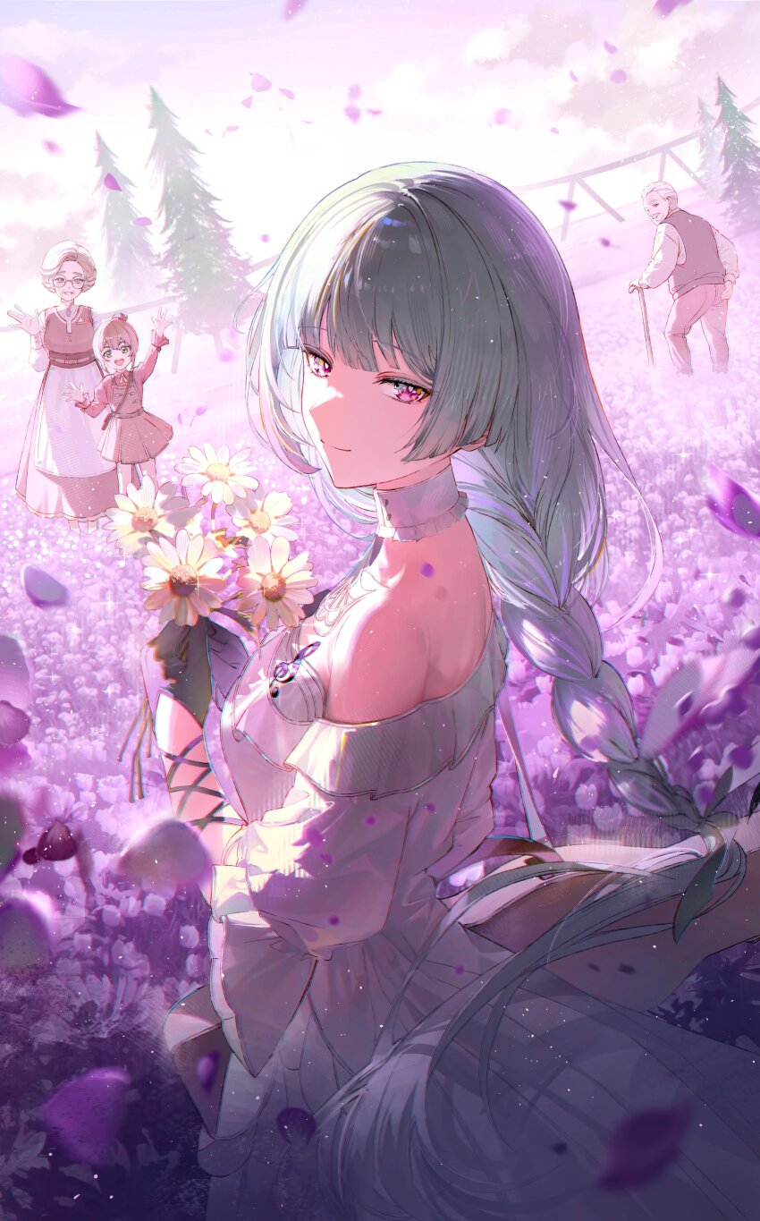 1girl, absurdres, bare_shoulders, black_gloves, braid, breasts, closed_mouth, commentary