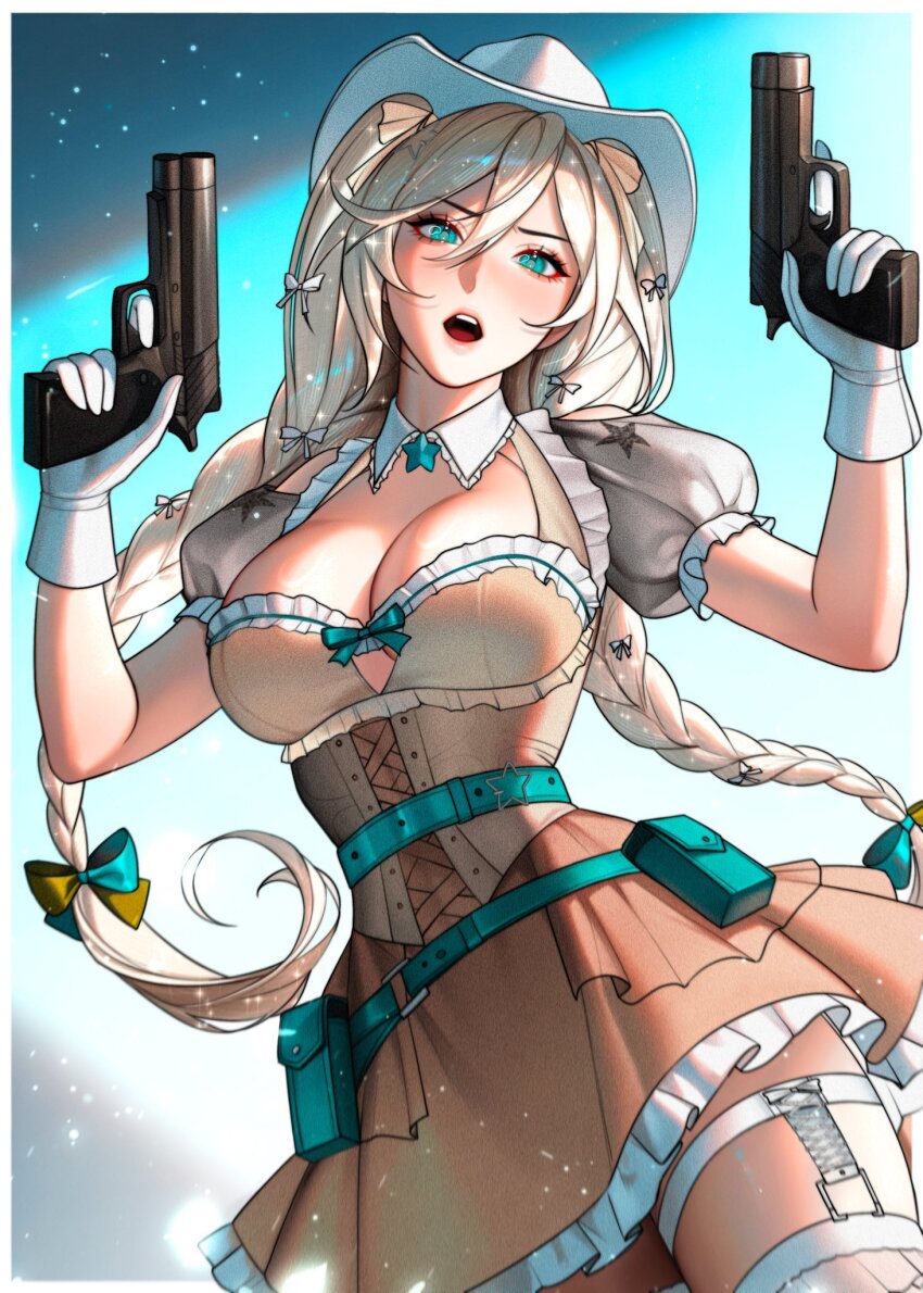 1girl, aia_amare, aia_amare_(4th_costume), aqua_eyes, blonde_hair, blush, bow, braid, breasts, cleavage, cleavage_cutout, clothing_cutout, commentary, cowboy_hat, cowboy_shot, dirndl, dual_wielding, english_commentary, fif_228, finger_on_trigger, garter_straps, german_clothes, gloves, gun, hair_between_eyes, hair_bow, handgun, hat, highres, holding, large_breasts, looking_at_viewer, multiple_hair_bows, nijisanji, nijisanji_en, open_mouth, puffy_short_sleeves, puffy_sleeves, short_sleeves, solo, thighhighs, trigger_discipline, twin_braids, virtual_youtuber, weapon, white_gloves
