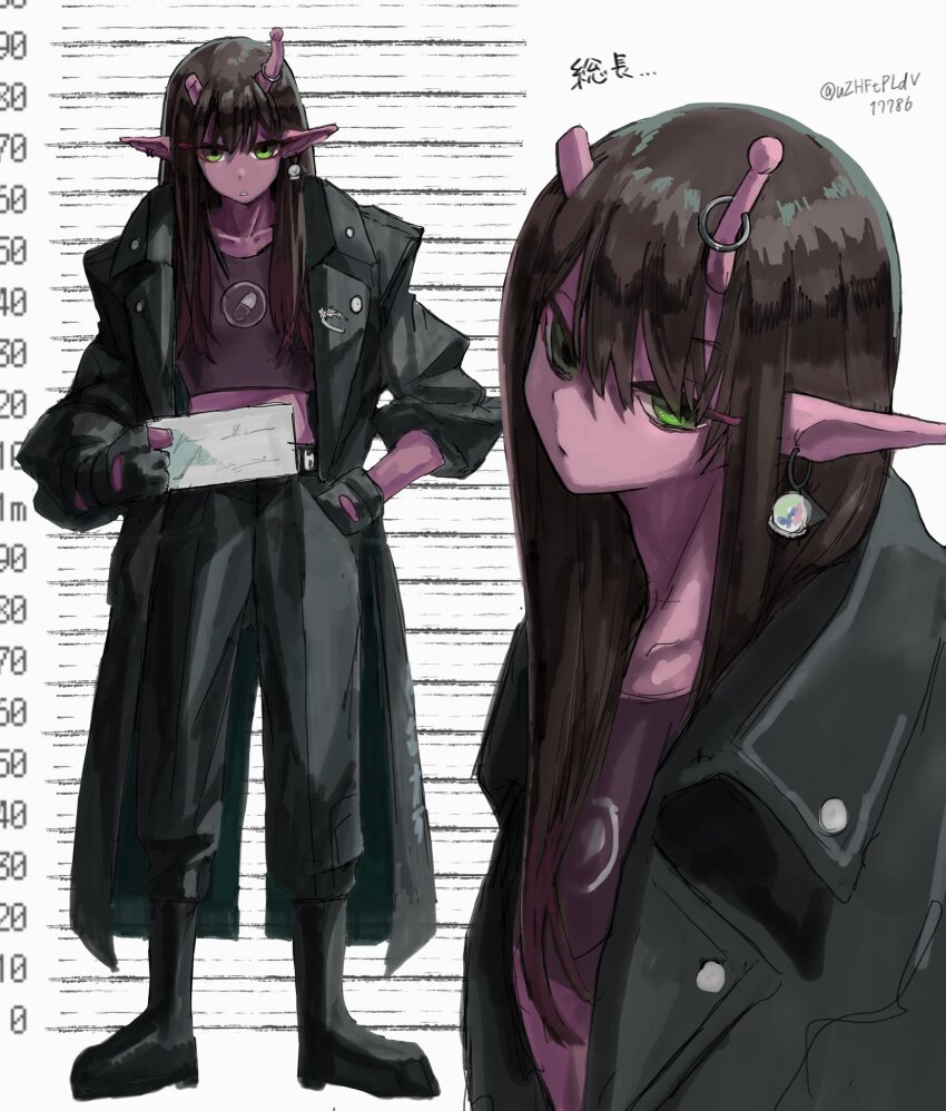 1girl, alien, antenna_piercing, antennae, black_boots, black_gloves, boots, broken_antenna, brown_hair, coat, collarbone, colored_skin, crop_top, daidouji_akane, ear_piercing, fingerless_gloves, gloves, green_eyes, highres, jacket, jiatang, leather, leather_jacket, lineup, midriff, milky_galactic_universe, milky_subway, milky_☆_subway:_the_galactic_limited_express, open_clothes, open_coat, piercing, red_skin, solo, standing, twitter_username