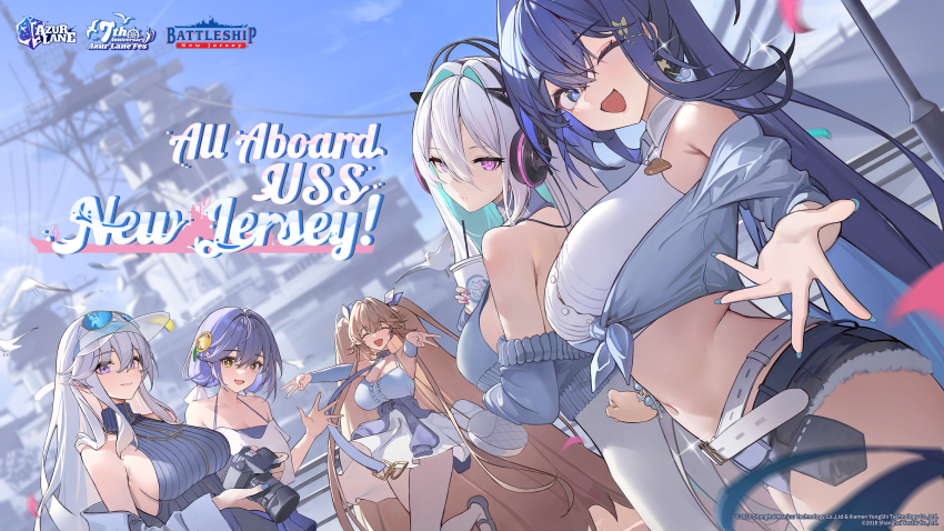 5girls, absurdres, anchorage_(azur_lane), artist_request, azur_lane, battleship, belt, blue_hair