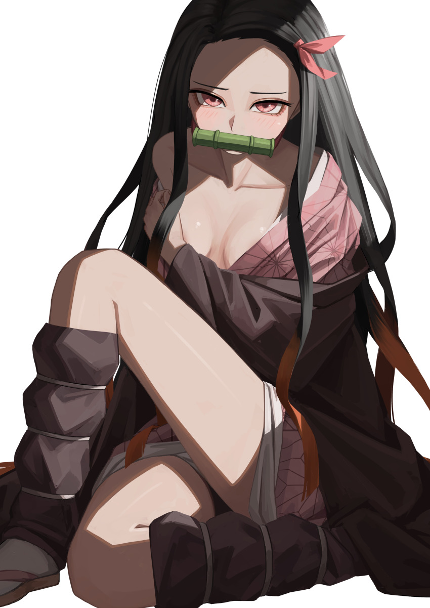 1girl, absurdres, bamboo, bit_gag, black_hair, black_leg_warmers, breasts, gag