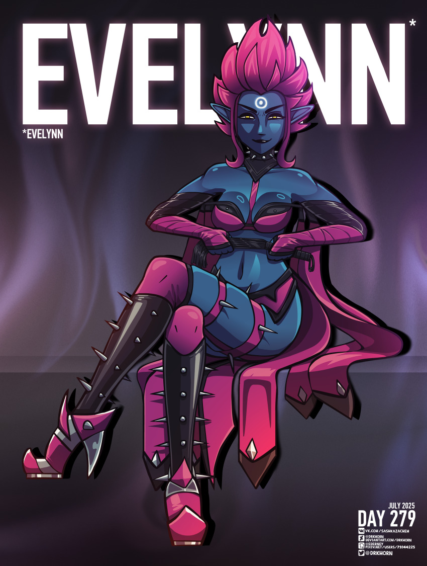 1girl, absurdres, bare_shoulders, black_lips, blue_skin, breasts, collar, colored_skin, ederney, evelynn_(league_of_legends), fingerless_gloves, gloves, high_heels, highres, holding, holding_whip, league_of_legends, leather, medium_breasts, pink_hair, pointy_ears, smile, solo, spiked_collar, spikes, whip, yellow_eyes