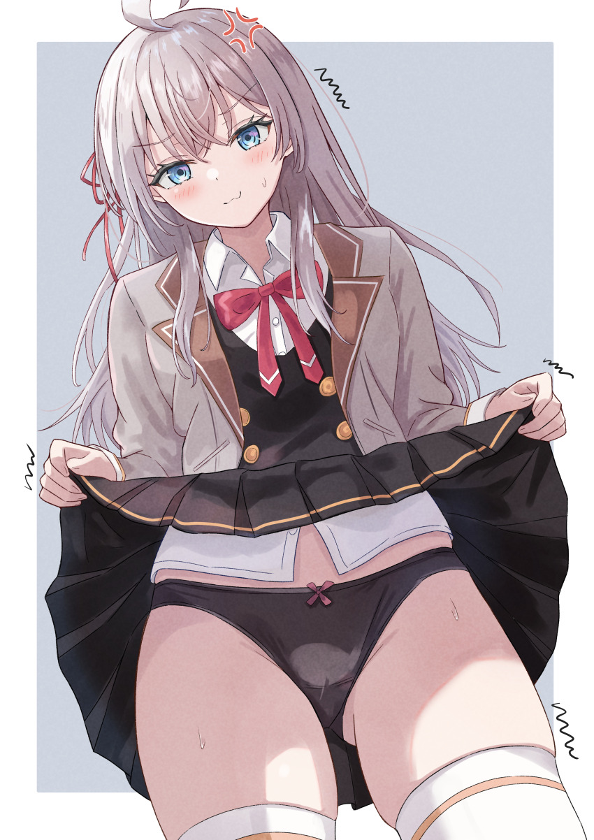 1girl, absurdres, ahoge, alisa_mikhailovna_kujou, anger_vein, azakura_(beniyomogi), black_panties, black_skirt, black_vest, blue_background, blue_eyes, blush, border, clothes_lift, collared_shirt, commentary, dress_shirt, gluteal_fold, grey_hair, grey_jacket, hair_ribbon, highres, jacket, lifting_own_clothes, long_hair, neck_ribbon, open_clothes, open_jacket, outside_border, panties, pleated_skirt, pout, red_ribbon, ribbon, school_uniform, shirt, skindentation, skirt, skirt_lift, solo, sweatdrop, thighhighs, tokidoki_bosotto_roshia-go_de_dereru_tonari_no_alya-san, underwear, vest, white_border, white_shirt, white_thighhighs