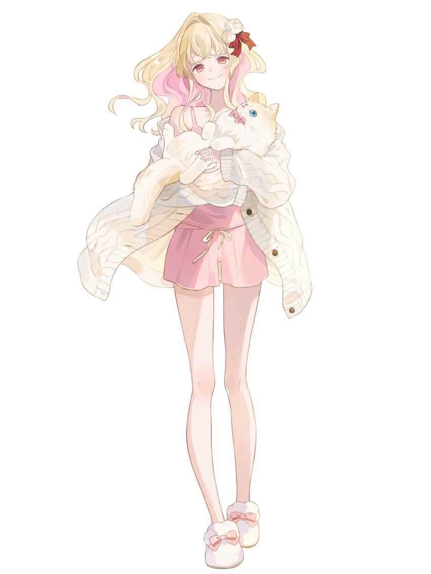1girl, animal, blonde_hair, bow, cat, coat, colored_inner_hair, dairoku_ryouhei, flower, full_body, hair_bow, hair_flower, hair_ornament, highres, holding, holding_animal, holding_cat, looking_at_viewer, multicolored_hair, oooita, pink_eyes, pink_hair, pink_ribbon, pink_shirt, pink_shorts, red_bow, ribbon, rosalia_mellemur, shirt, shorts, sleeves_past_fingers, sleeves_past_wrists, slippers, solo, standing, transparent_background, two-tone_hair