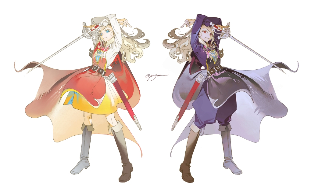 1girl, anlucea, anlucea_the_maluminary, arms_up, black_tabard, blonde_hair, blue_eyes, boots