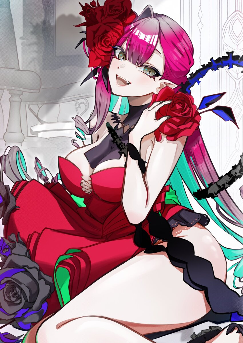 1girl, baobhan_sith_(fate), baobhan_sith_(celebratory_attire)_(fate), blush, breasts, detached_collar, dress, fangs