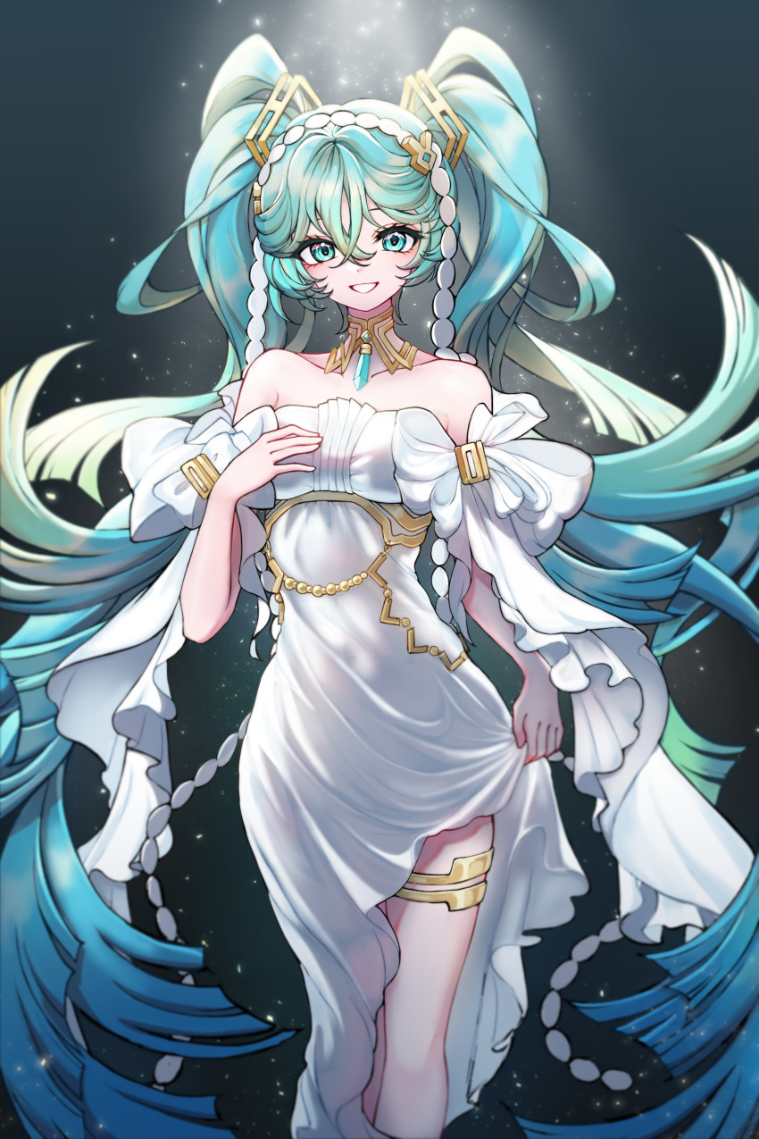 1girl, absurdres, ahoge, alternate_costume, aqua_eyes, aqua_hair, bare_shoulders, breasts