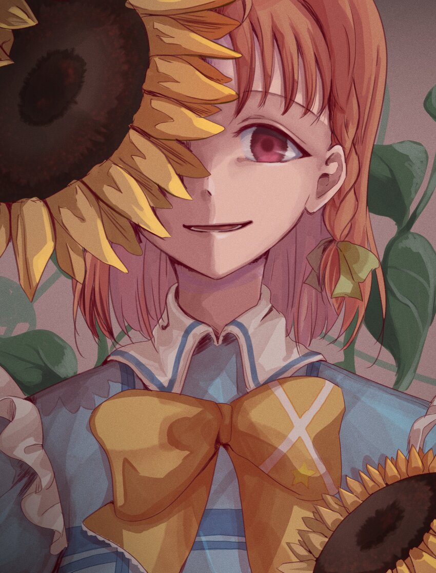 1girl, absurdres, blue_dress, bow, braid, commentary, dress, flower