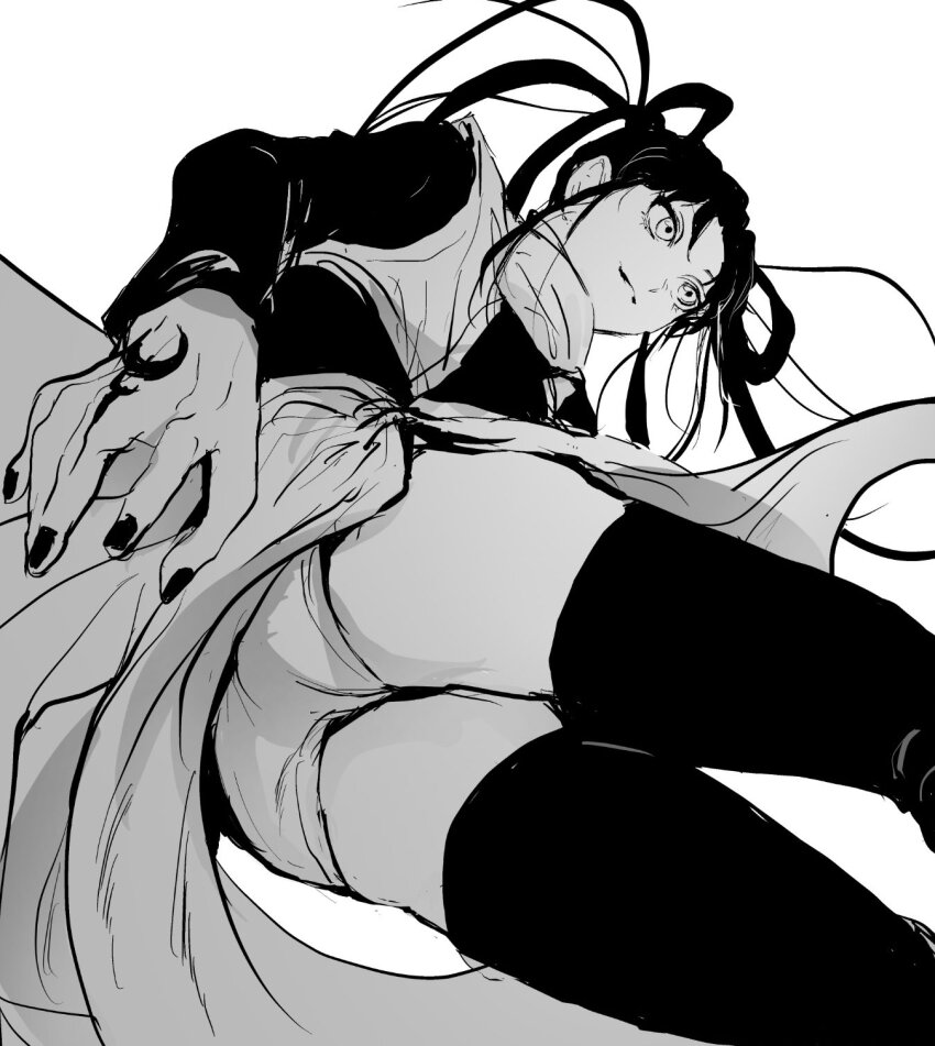 1girl, 21g_yaseru, commentary, from_below, greyscale, hair_rings, hand_tattoo, highres, kagurabachi, long_hair, long_sleeves, monochrome, pelvic_curtain, simple_background, smile, solo, untranslatable_commentary, tattoo, thighhighs, uran_(kagurabachi)