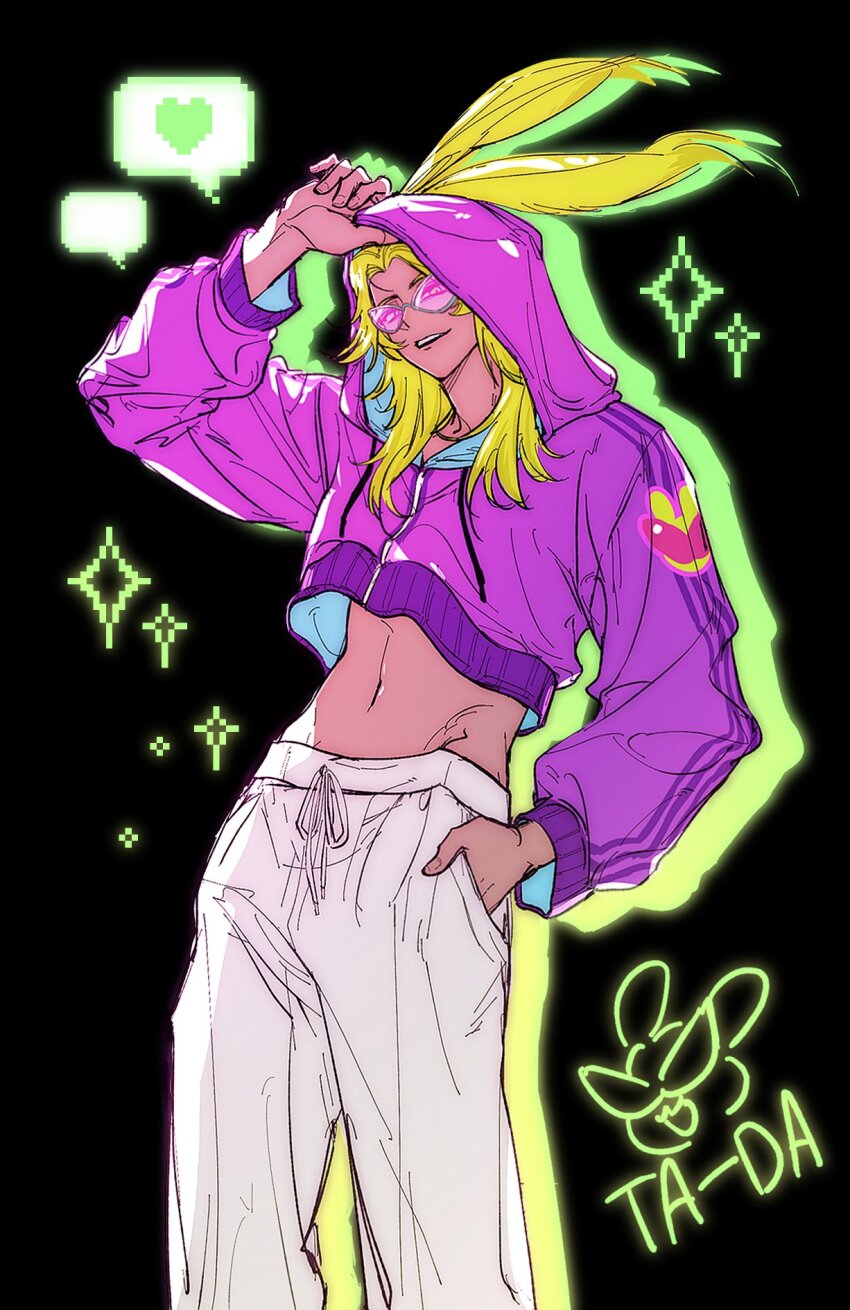 1boy, animal_ears, arm_up, black_background, blonde_hair, commentary_request, cropped_jacket, dancing_green, drawstring, eheeya_(ff14), eyes_visible_through_eyewear, feet_out_of_frame, final_fantasy, final_fantasy_xiv, glasses, groin, hand_in_pocket, heart, highres, hood, hood_up, hooded_jacket, jacket, korean_commentary, long_hair, long_sleeves, male_focus, meommeo_14_2, midriff, navel, pants, pink-tinted_eyewear, purple_jacket, rabbit_ears, simple_background, solo, sparkle, speech_bubble, spoken_heart, standing, tinted_eyewear, viera, white_pants, zipper