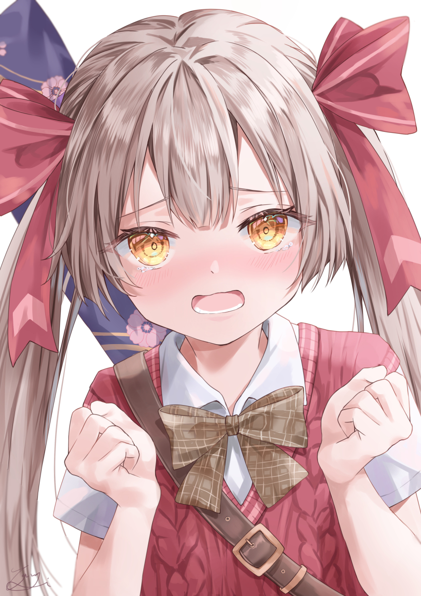 1girl, absurdres, blunt_bangs, blush, bow, bowtie, brown_bow, brown_bowtie