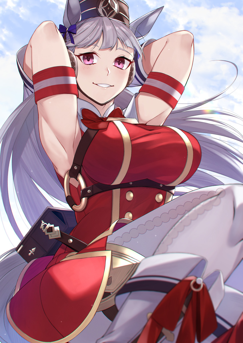 1girl, absurdres, animal_ears, armband, armpits, arms_behind_head, bag, belt_pouch, blue_bow, boots, bow, bowtie, breasts, buttons, cloud, day, double-breasted, dress, eyelashes, gloves, gold_ship_(red_strife)_(umamusume), gold_ship_(umamusume), grey_hair, hair_bow, hat, headphones, highres, horse_ears, horse_girl, horse_tail, kameno_sachi, large_breasts, long_hair, pantyhose, parted_lips, pillbox_hat, pink_eyes, pouch, red_bow, red_bowtie, red_dress, sky, sleeveless, smile, solo, tail, umamusume, white_boots, white_gloves, white_pantyhose