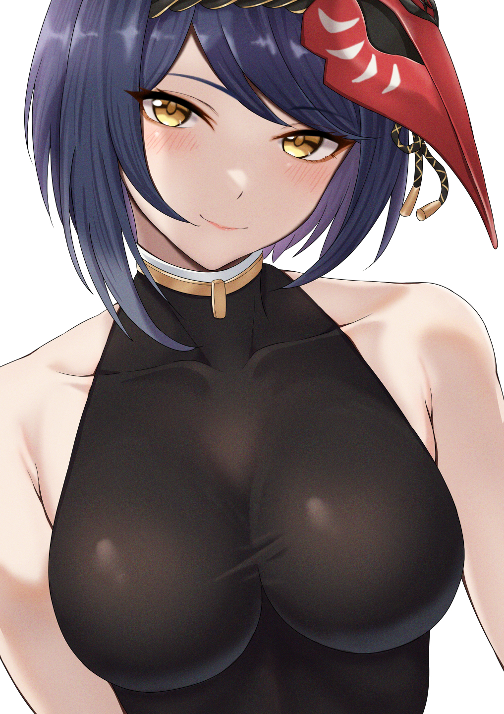 1girl, bare_shoulders, bird_mask, black_bodysuit, black_hair, blush, bodysuit, breasts, genshin_impact, hair_ornament, highres, kakabos, kujou_sara, large_breasts, light_smile, looking_at_viewer, mask, mask_on_head, purple_hair, red_mask, short_hair, solo, taut_clothes, upper_body, white_background, yellow_eyes