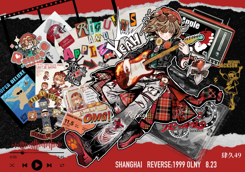 1girl, absurdres, alternate_costume, american_idiot, apple, apple_(reverse:1999), aqua_shirt, artist_name