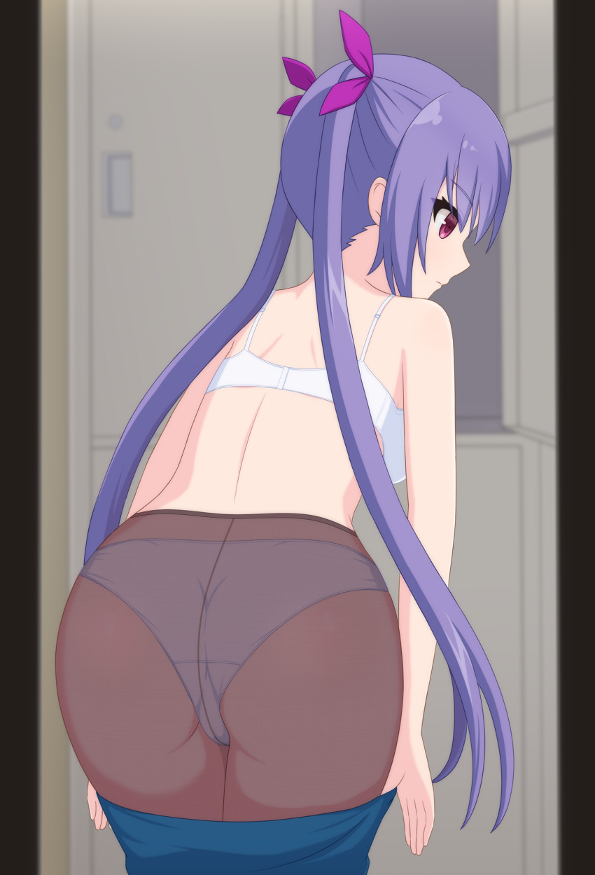 1girl, ass, assault_lily, bare_arms, bare_shoulders, black_shirt, blue_skirt, blurry