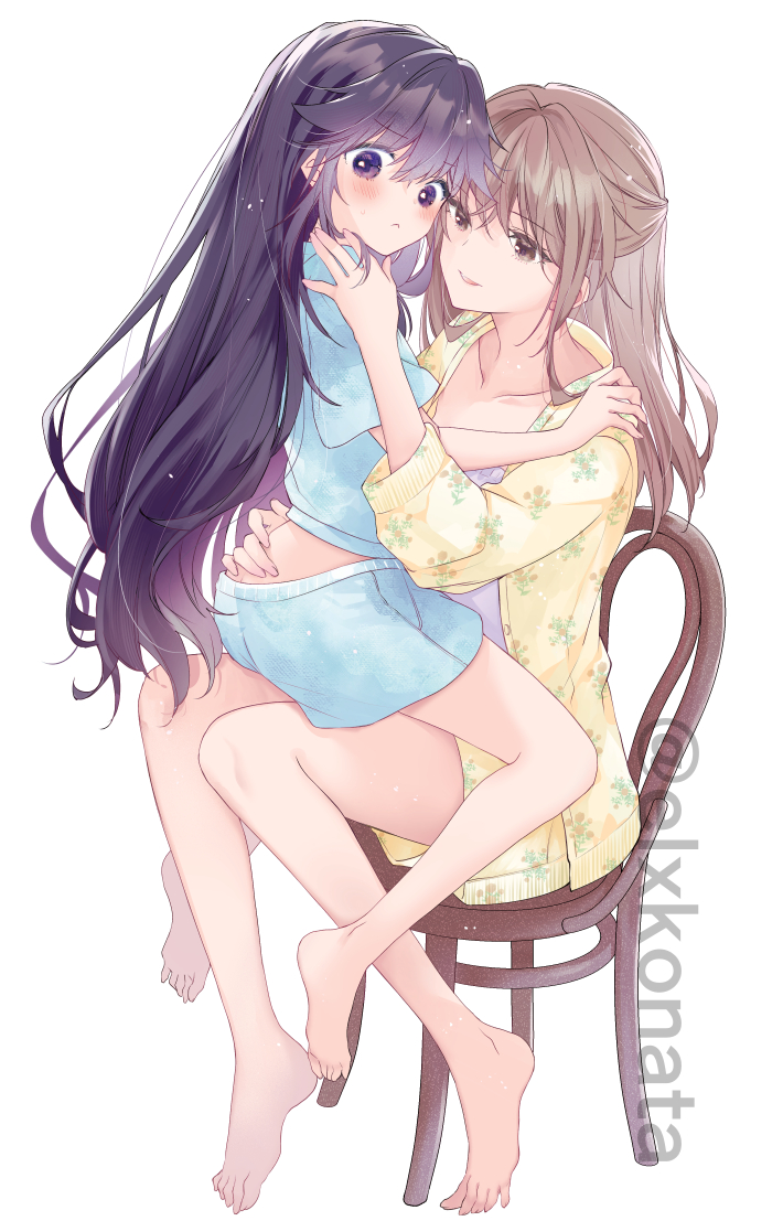 barefoot, black_hair, blush, brown_hair, chair, hand_on_another's_ass, hand_on_another's_shoulder, long_hair