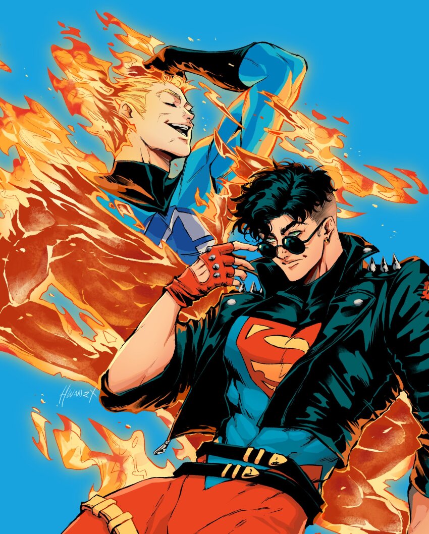 2boys, blonde_hair, blue_bodysuit, bodysuit, dc_comics, fantastic_four, fire, gloves, highres, hwanzx, jacket, johnny_storm, male_focus, marvel, multicolored_bodysuit, multiple_boys, muscular, open_mouth, short_hair, smile, sunglasses, superboy, superhero_costume, superman_(series), two-tone_bodysuit