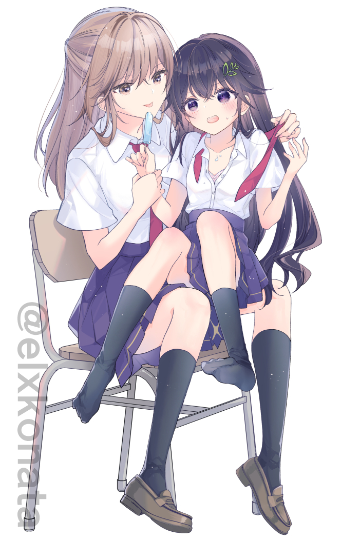 black_hair, black_socks, bra, brown_hair, chair, food, holding, holding_food