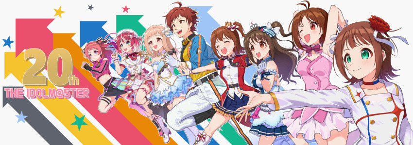 1boy, 6+girls, ahoge, amami_haruka, belt, beyond_the_bluesky_(idolmaster), blue_eyes, blue_skirt