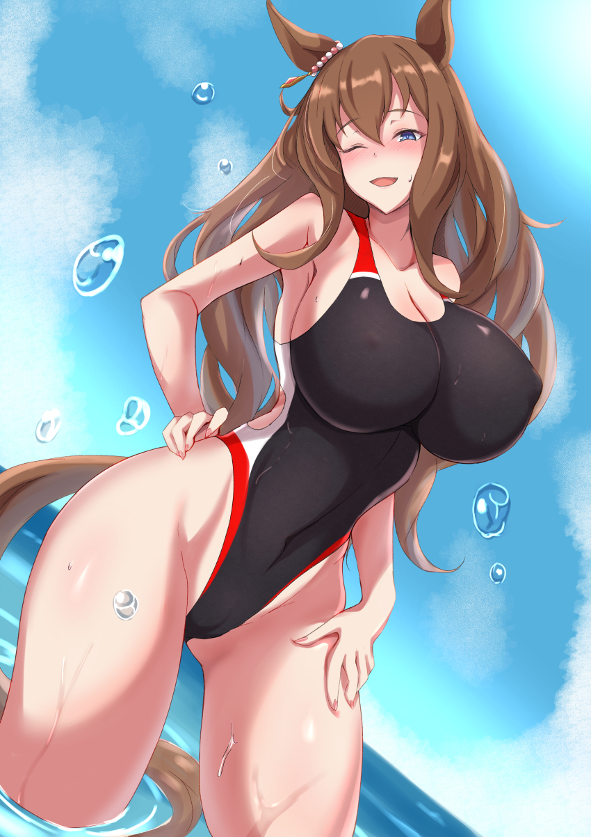 1girl, absurdres, animal_ears, black_one-piece_swimsuit, blue_eyes, blue_sky, breasts, brown_hair
