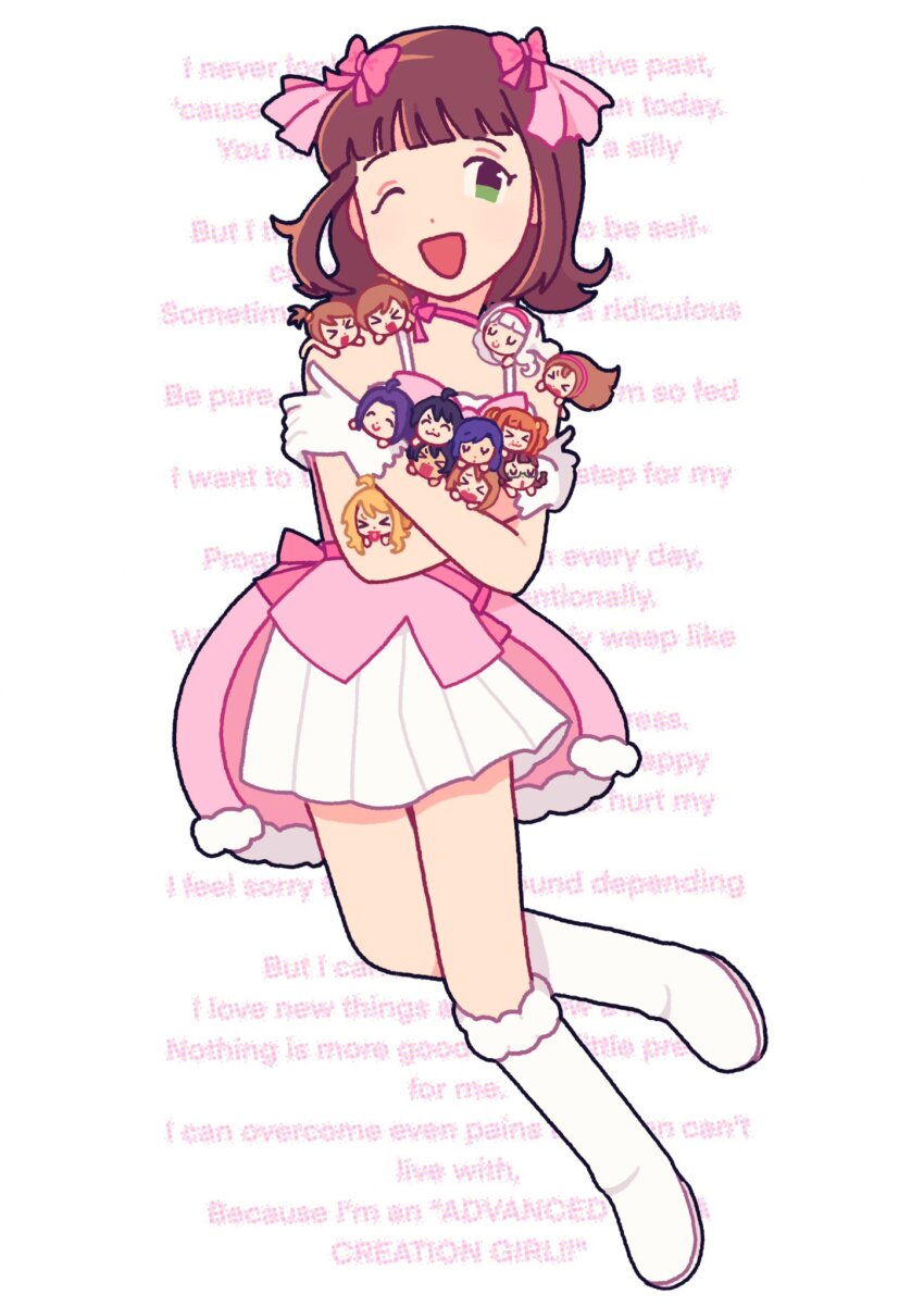 1girl, akizuki_ritsuko, amami_haruka, blunemone, boots, bow, brown_hair, cute_&amp;_girly_(idolmaster)